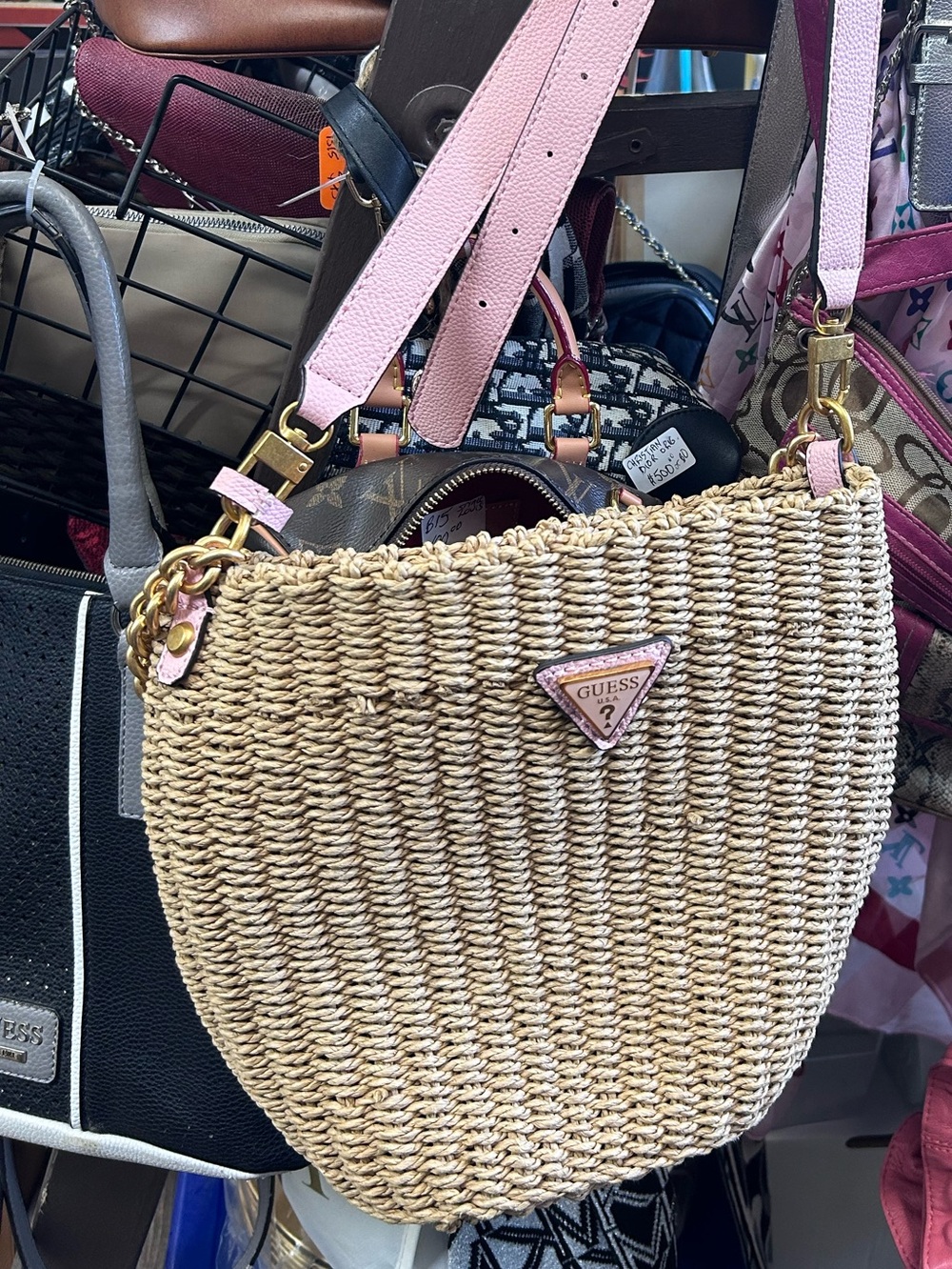GUESS Lilica Rafia Pink-Trim Woven Straw Shoulder Bag